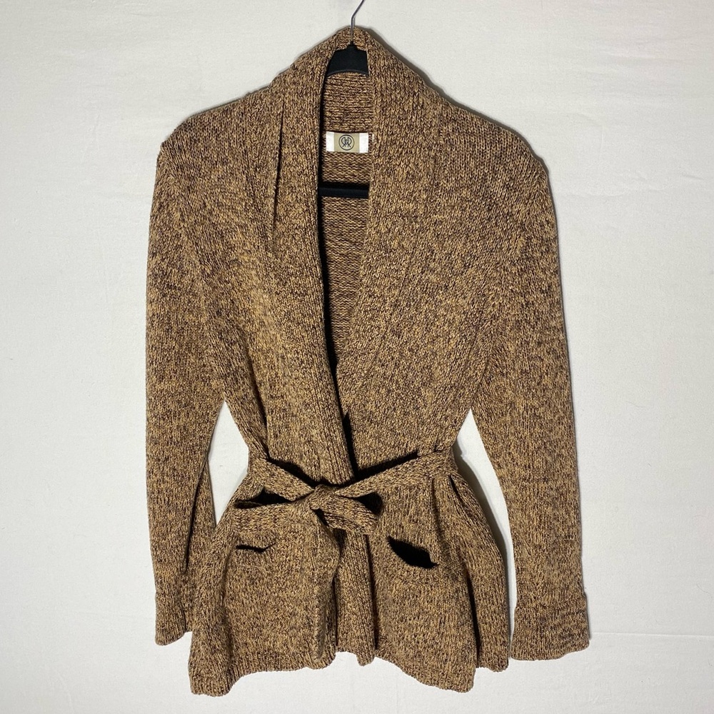 Vintage 90s R&R Brown Cotton Knit Cardigan with Belt M Boho Cabincore Festival